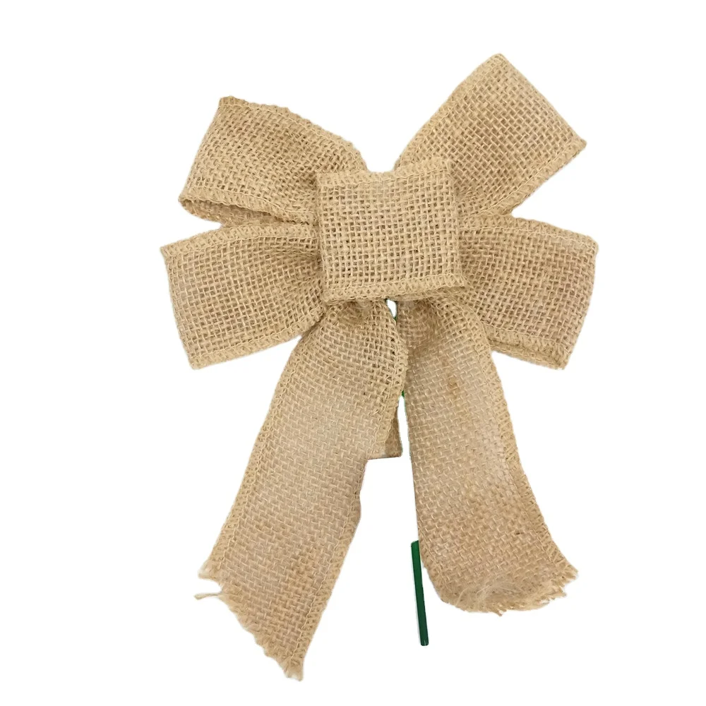 Wholesale Large Decorative Bow Holiday Natural Brulap Pre- Tied Bowknot christmas snowflakes Glow bow tie  With Green Stick