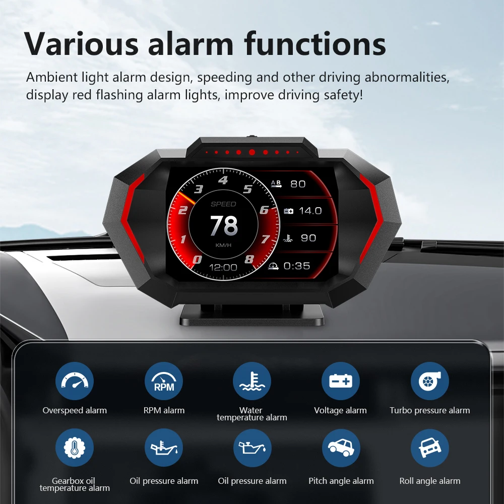 Newest Car HUD P24 Smart Gauge Head Up Display OBD2 GPS Digital Speedometer Slope Multiple Function For Car