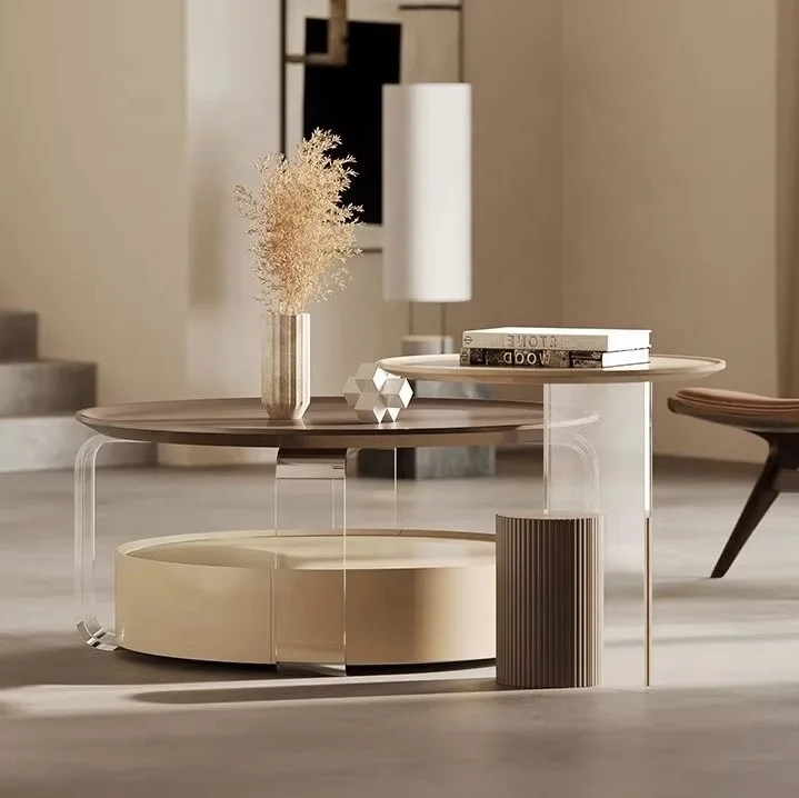 Qiaotai Modern acrylic coffee tables living room round coffee table with storage and 1 sides table