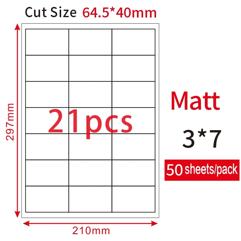 High quality self adhesive 21 up 64.5x40mm A4 barcode labels for laser/inkjet printer