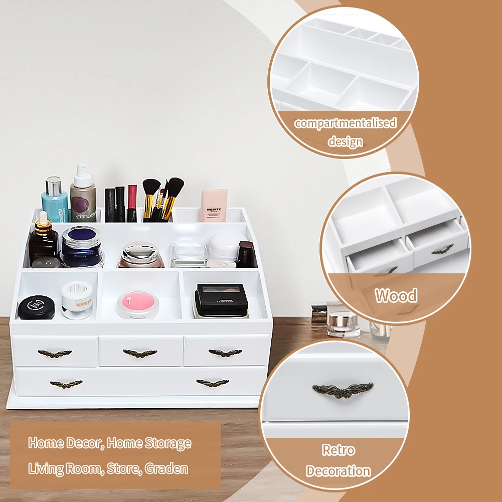 wooden jewelry organizer desktop makeup tools organizer with Drawers wooden Jewelry Box Multi-Function Make up Box Stand