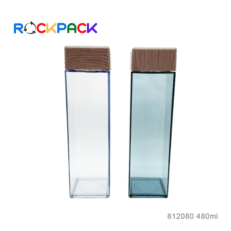 480ml Plastic Square Shape Water Drinking Bottle with bamboo lids