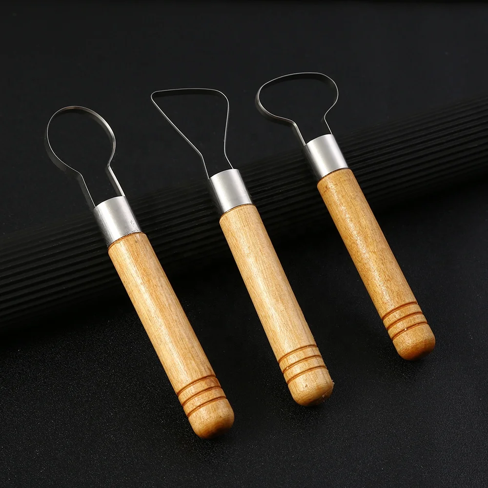 Wood Handle 3 PCS Sculpture Scraper Knife Carved Sludge Shaper Ceramic Pottery Clay Trimming Big Loop Tools Set
