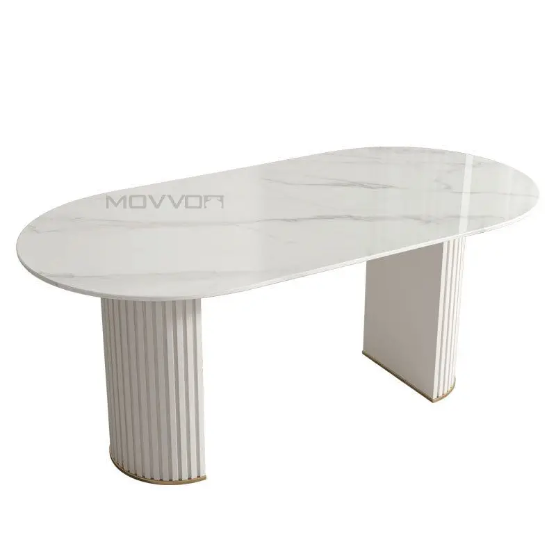 High level Classic Modern Dining Room Furniture white marble oval dining table with wood curve base