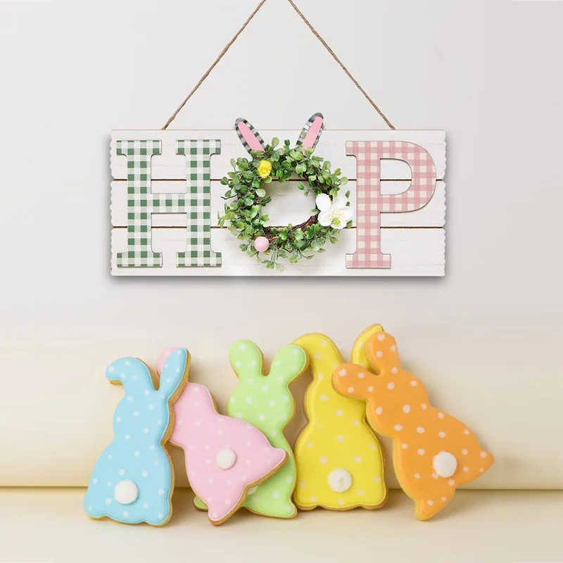SH-223 Easter Bunny Wood Hanging Sign with Small Artificial Wreath Decorations Hop Sign