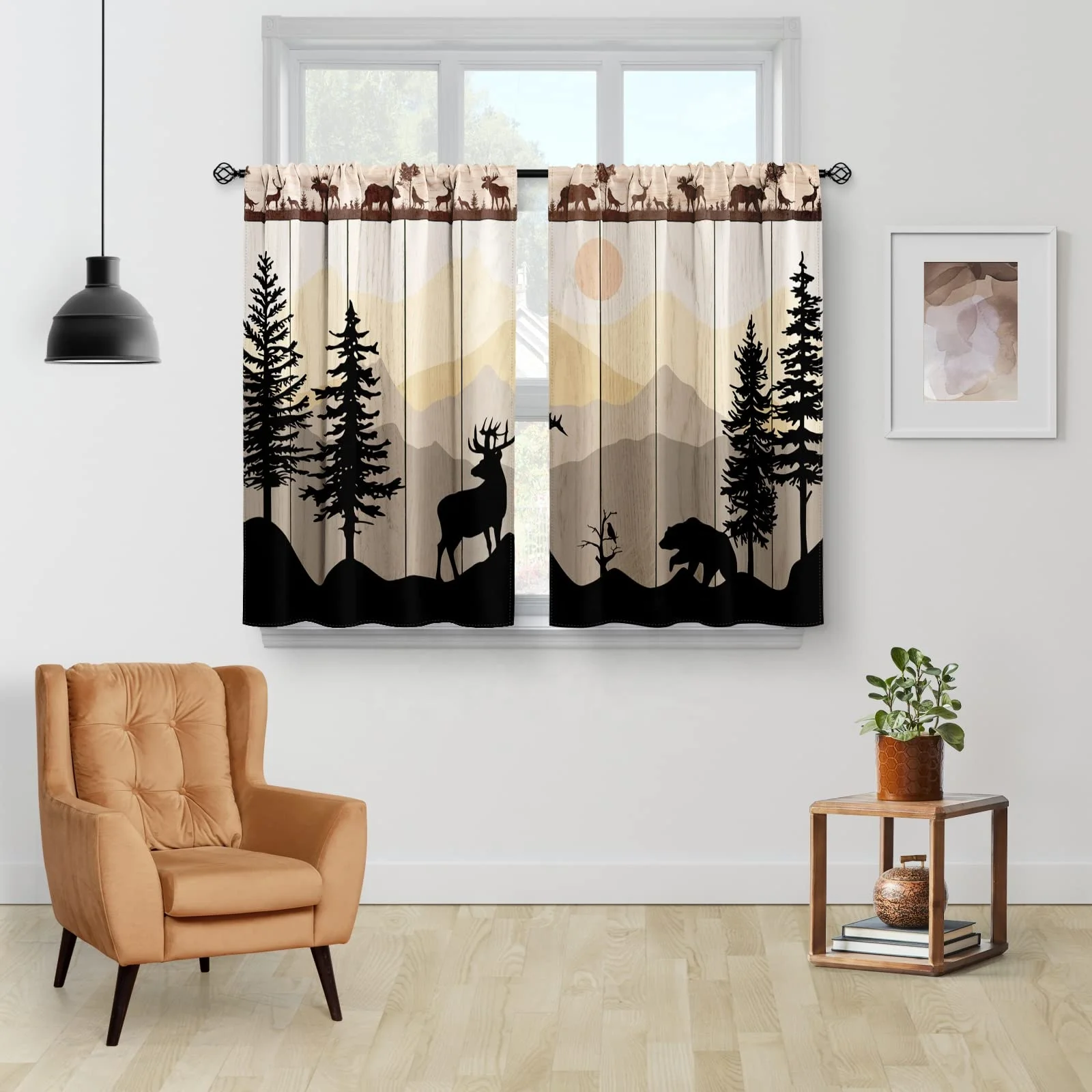 Forest Sunset Country Rustic Farmhouse Short Cafe Wine Kitchen Window Printed Curtains Decor For Dining Room