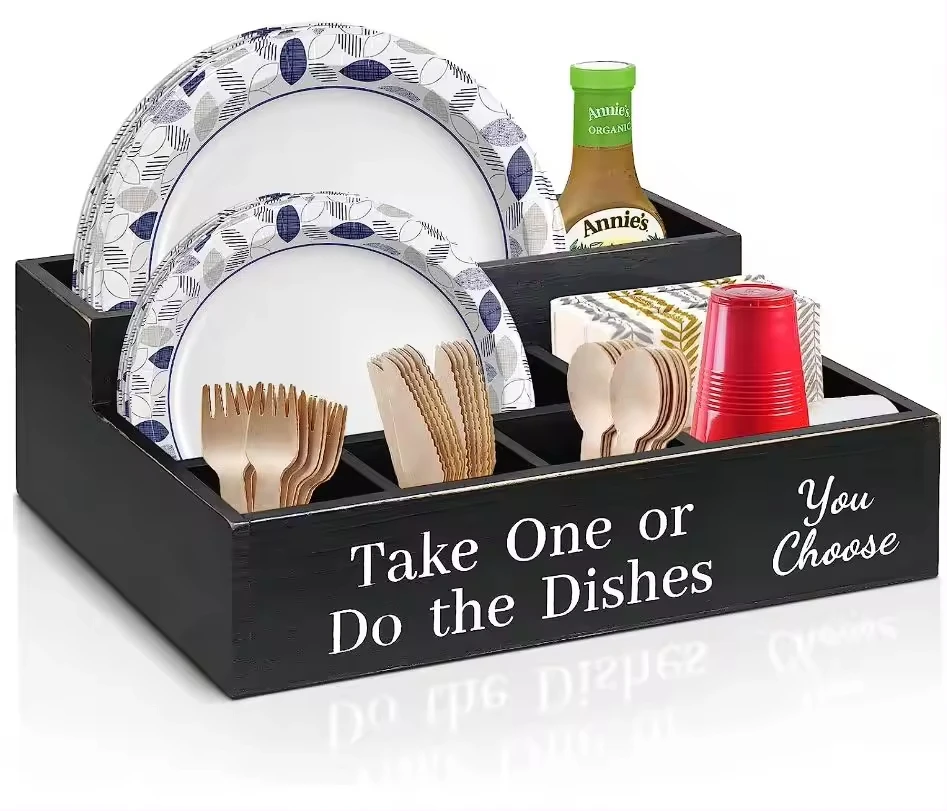 Disposable Coffee Cup Paper Plate Wood Holder for Kitchen Counter Farmhouse Bamboo Paper Coffee Pods Organizer Box