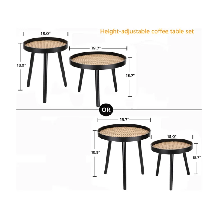 Modern set of 2 end tables for living room bedroom office black wood unique coffee table