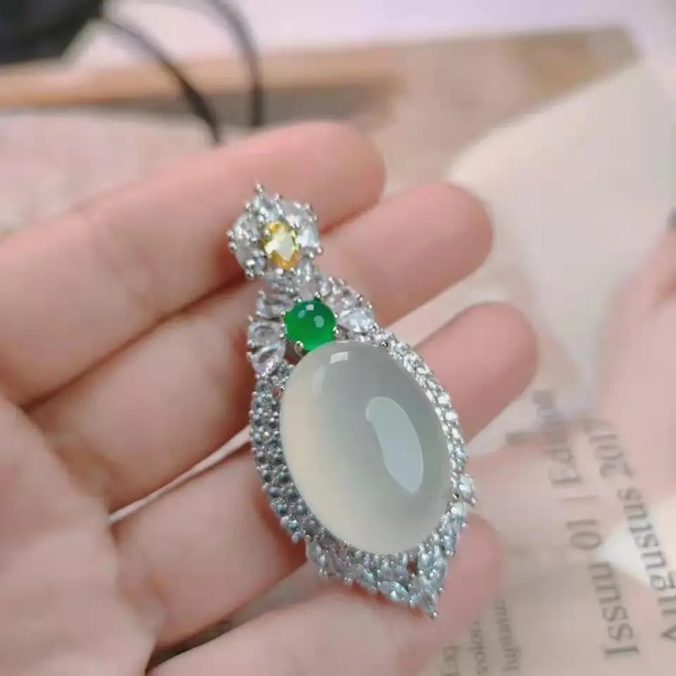 Certified Chalcedony  Chalcedony Necklace S925 Silver Inlaid Chalcedony Large Egg Surface Pendant Jade Sweater Chain