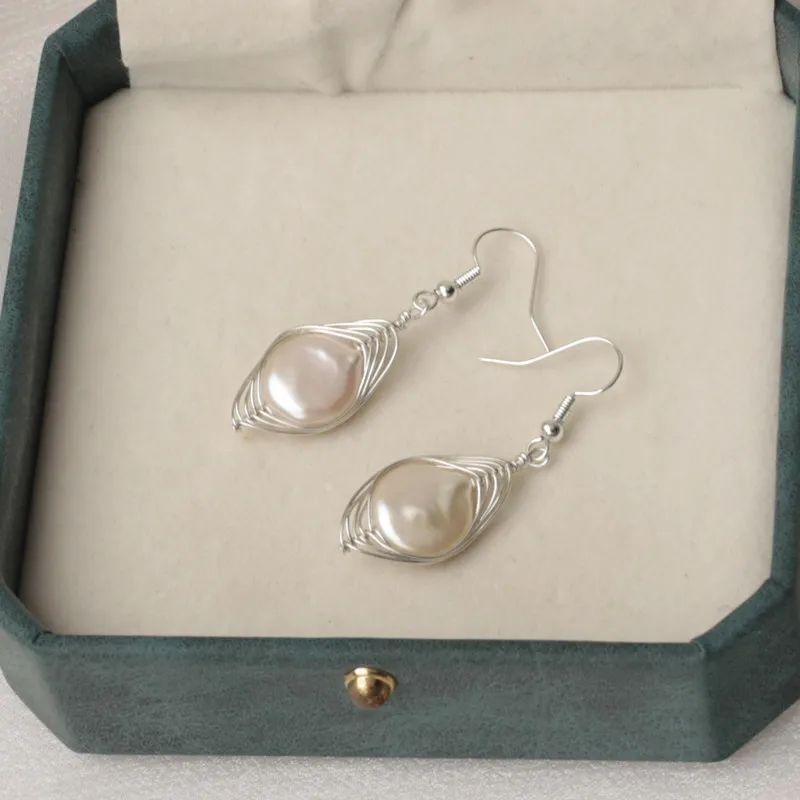 100% handwrap 14k gold filled culture fresh water 13-14mm large baroque coin pearl earring