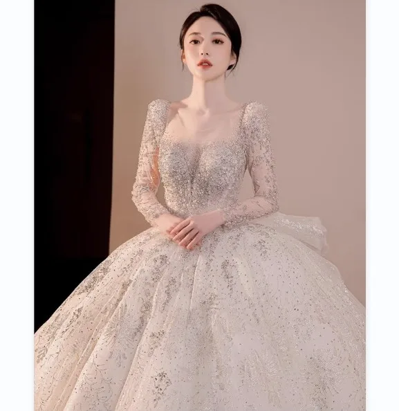 French long sleeve main wedding bride simple main yarn big tail high-end luxury star heavy industry main wedding dress