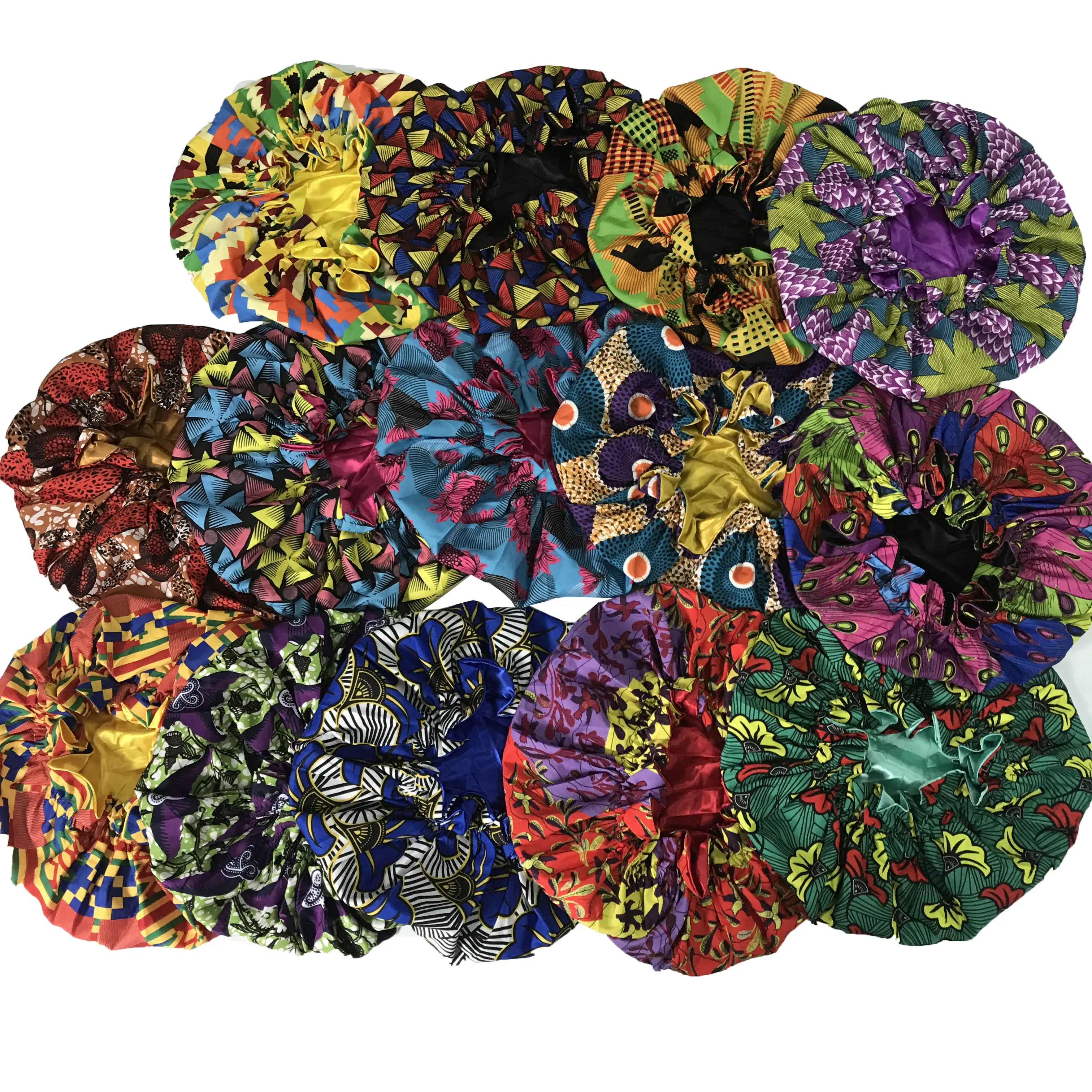 Fashion African Style Ankara Pattern Bonnet Set Daily And Night Wear Sleep Caps Colorful satin silk Hair Bonnet