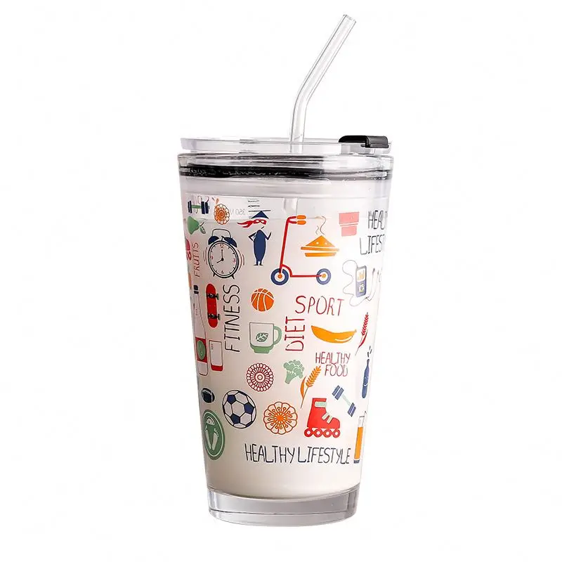 Amazon Top Seller Cartoon Beer Juice Mug with Lid Clear Coffee Mug Breakfast Milk Cup Kids Measurement INS Straw Cup Custom LOGO