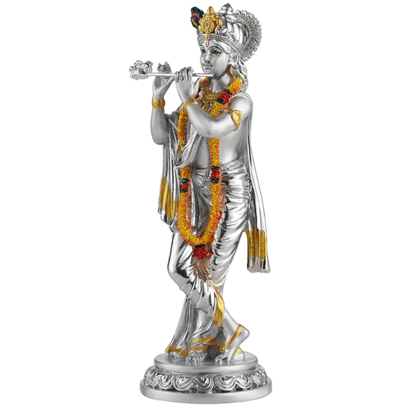Decorative handmade religious god electroplating brass silver color idol figurine resin lord radha krishna statue