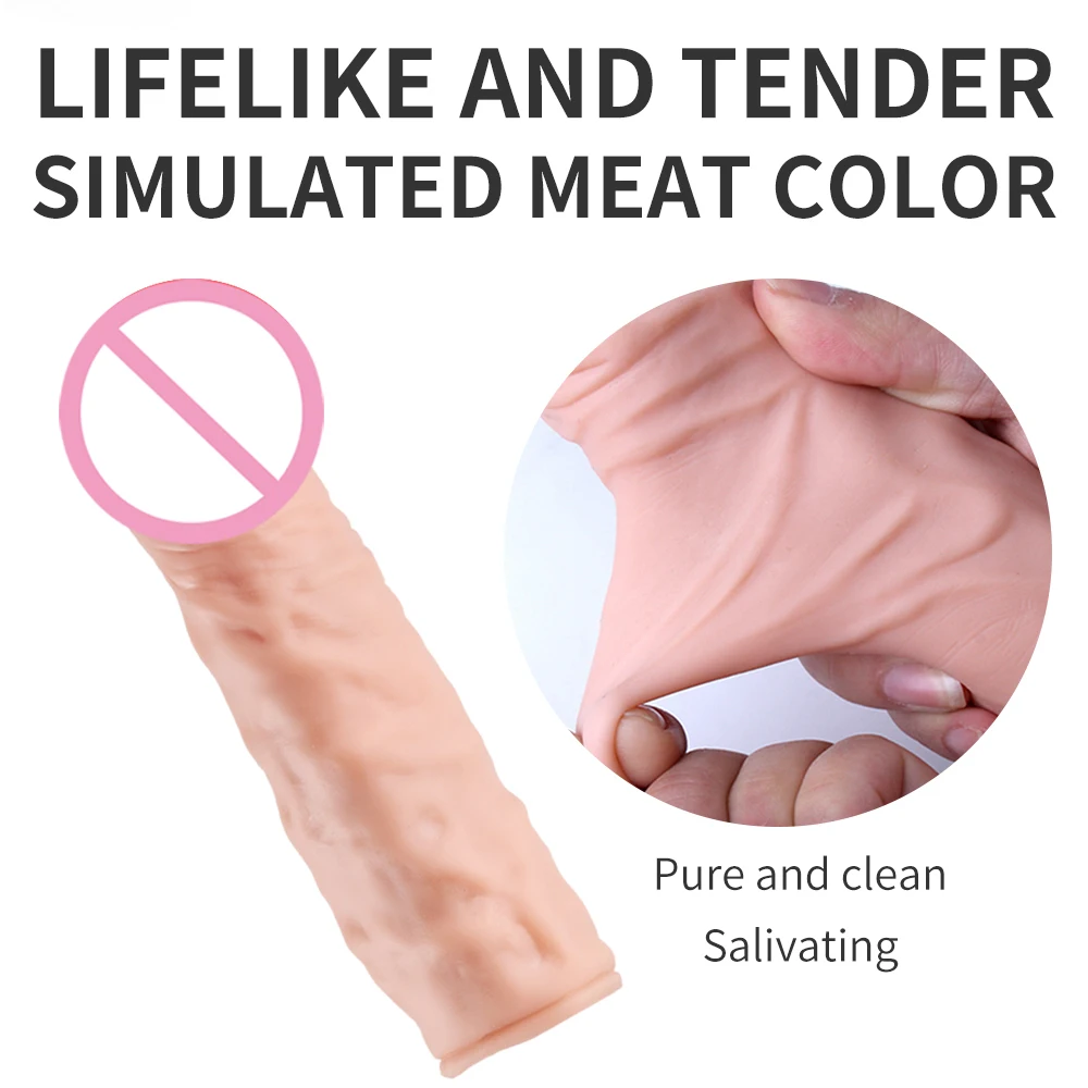 R Liquid Silicone Hollow Dildo Reusable Realistic Penis Enlarger Condom Sex Toy Male Cock Ring Delay Ejaculation Penis Extender