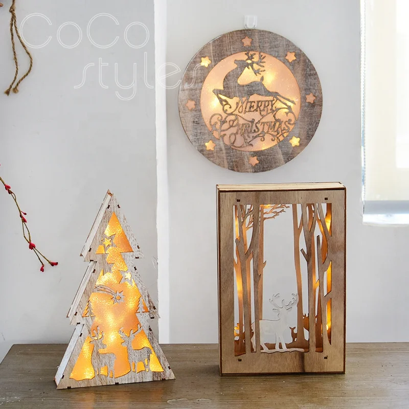 
Cocostyles bespoke delicate engraving reindeer wooden lamp box for gift Christmas tree ornament indoor Christmas decoration 2019 
