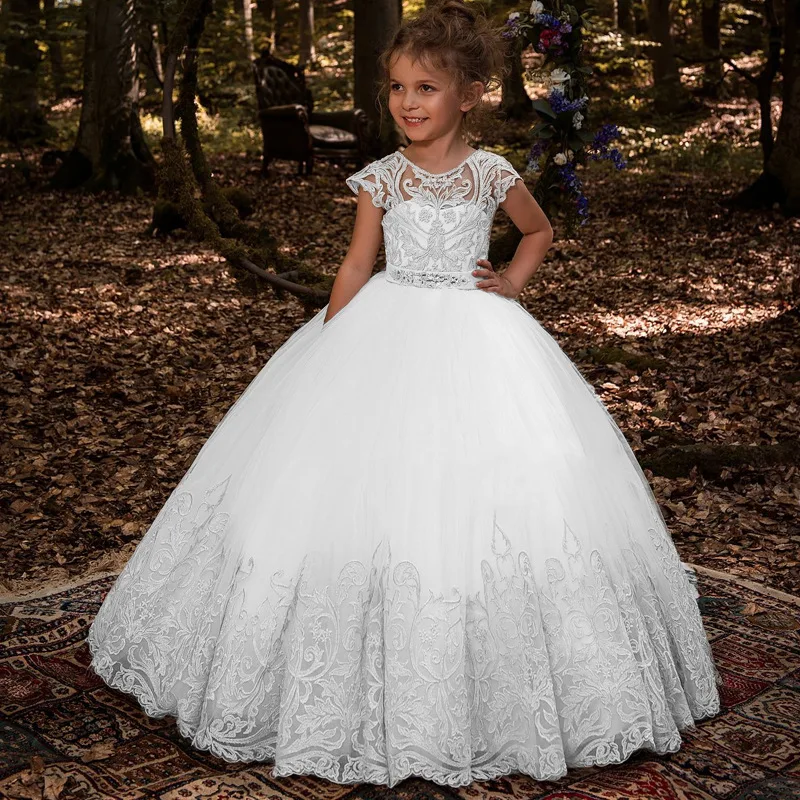 Fashion Hot Sale Photo Kids Clothes White Wedding Party Dresses Little Girls Short Sleeve Lace Ball Gown Chiffon Floral Support