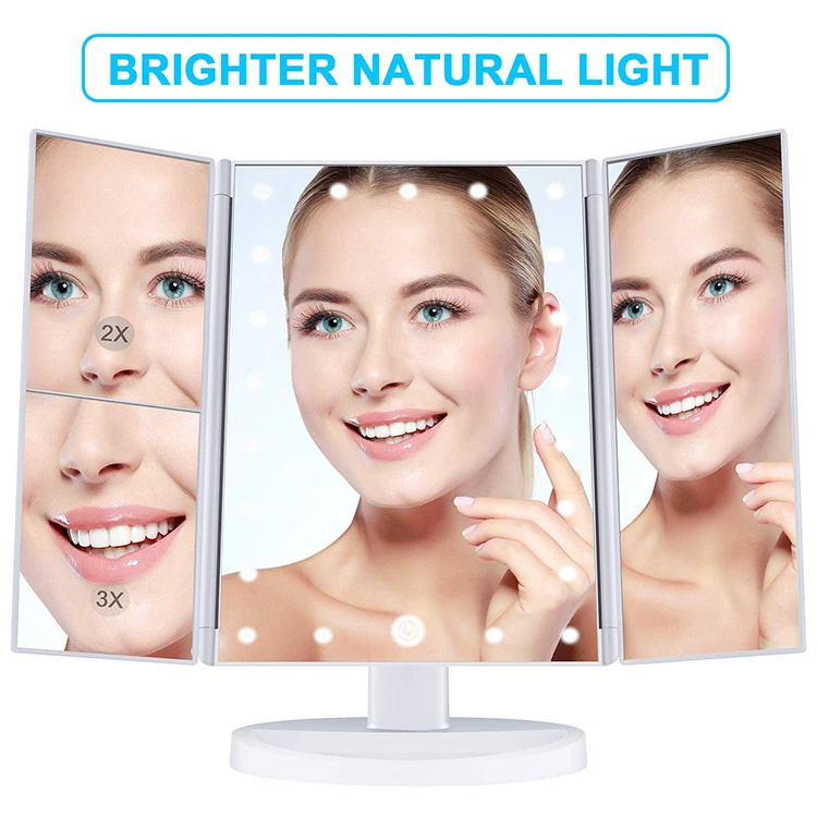
OEM Service Professional Luminous LED Cosmetic Mirror With Lamp Touch Screen Tabletop Make Up Mirror Folded On Three Sides 