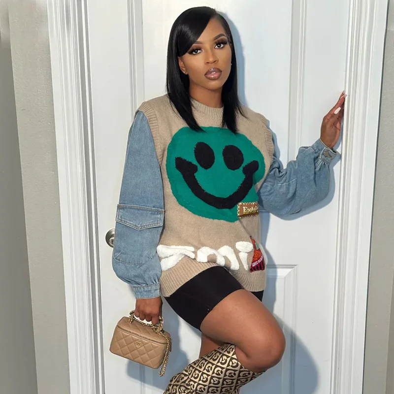 Z3250-autumn winter smile knitted top casual patchwork cute free size women sweater