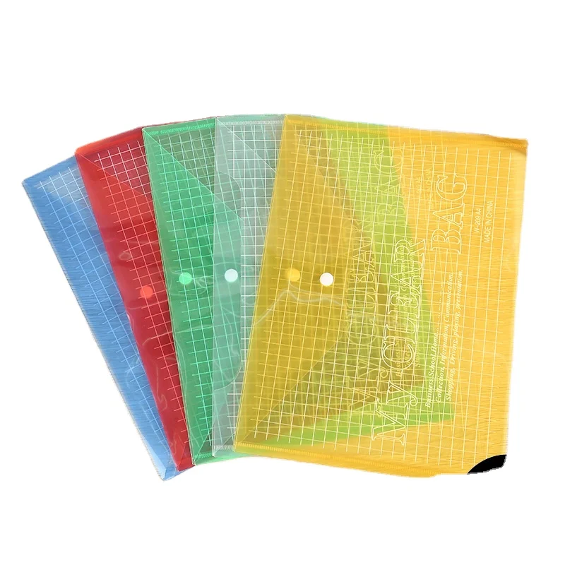 Button transparent document bag custom printing LOGO plastic PP file bag A4 file bag