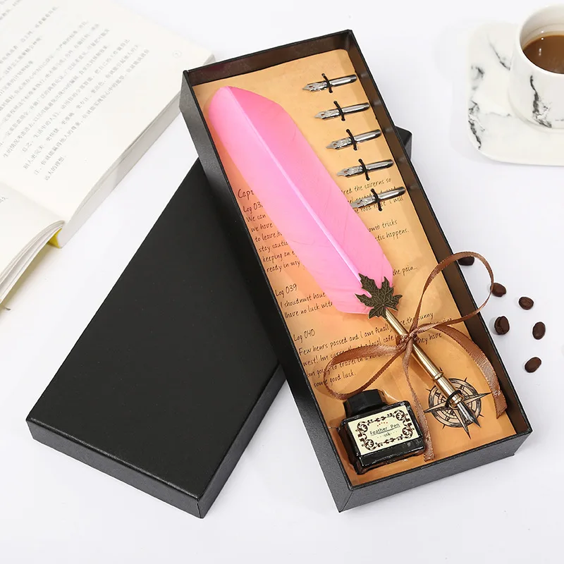 
Shearing leaf rod feather pen gift box student holiday gift stationery set retro dip pen send ink Pen 
