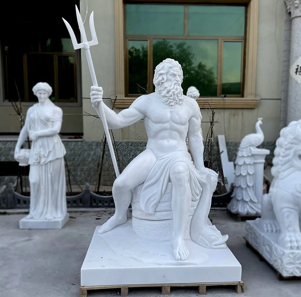 Large Greek patron Saint Poseidon The Sea King White Marble Statue For Sale