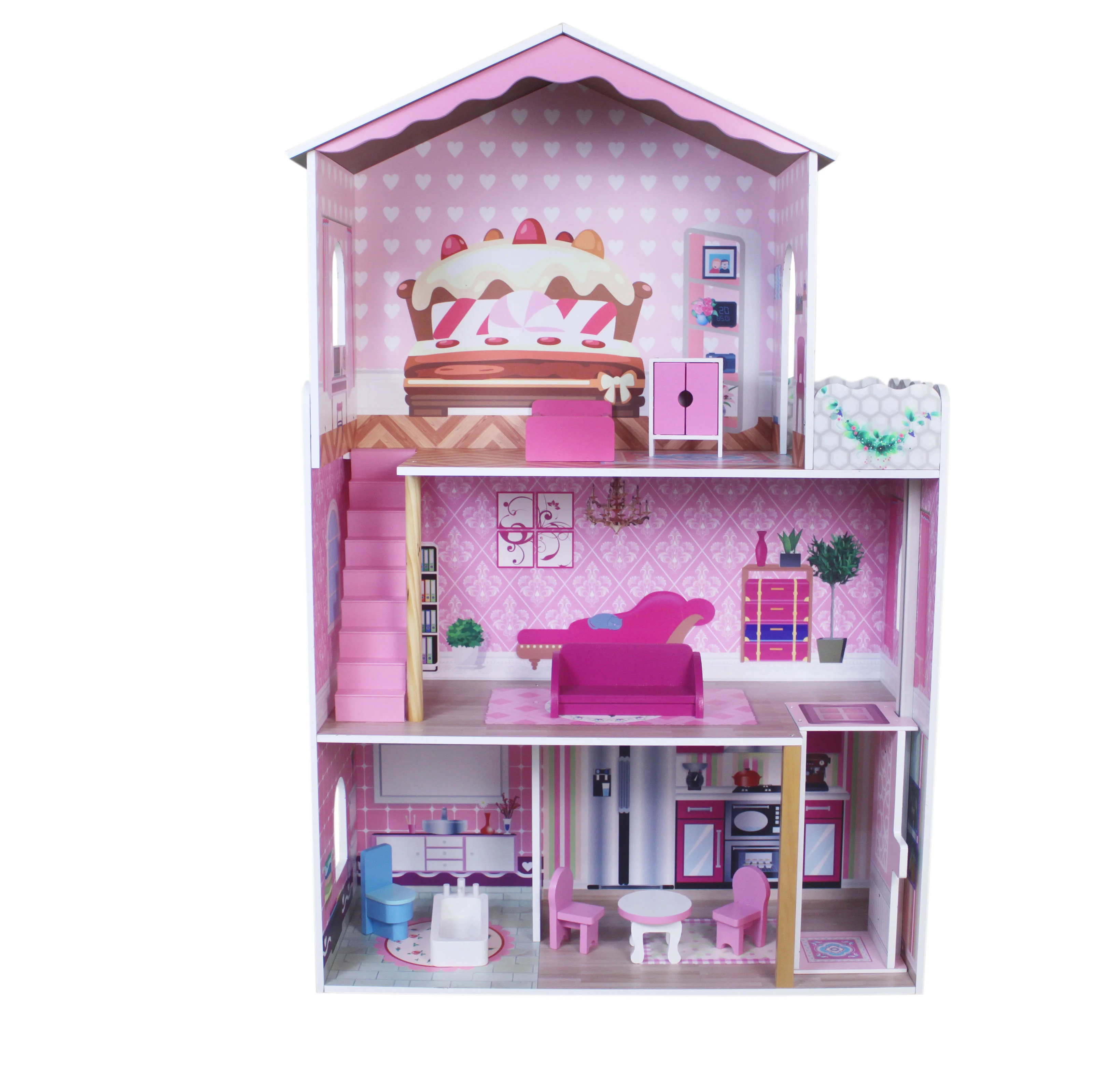 WF 2023 can children favorite doll house pink luxury DIY dollhouse Custom wholesale wooden pink doll house for girls gift