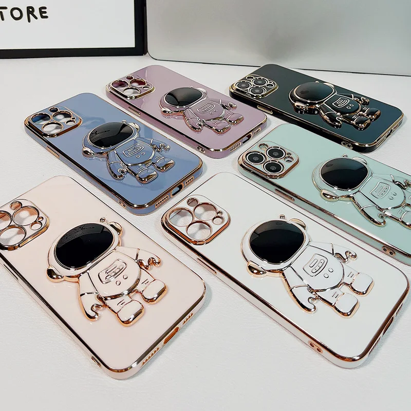 3D Cute Astronauts Luxury Gold Side Plating Silicone Phone Stand Holder Phone Case Cover for iPhone 11 12 13 14 Pro Max
