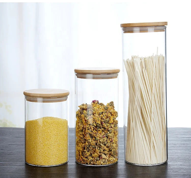 Wholesale Glass Storage Jars With Bamboo Basement Kitchen Canisters Glass Cans With Bamboo Lids Food Jars With Wood Rack