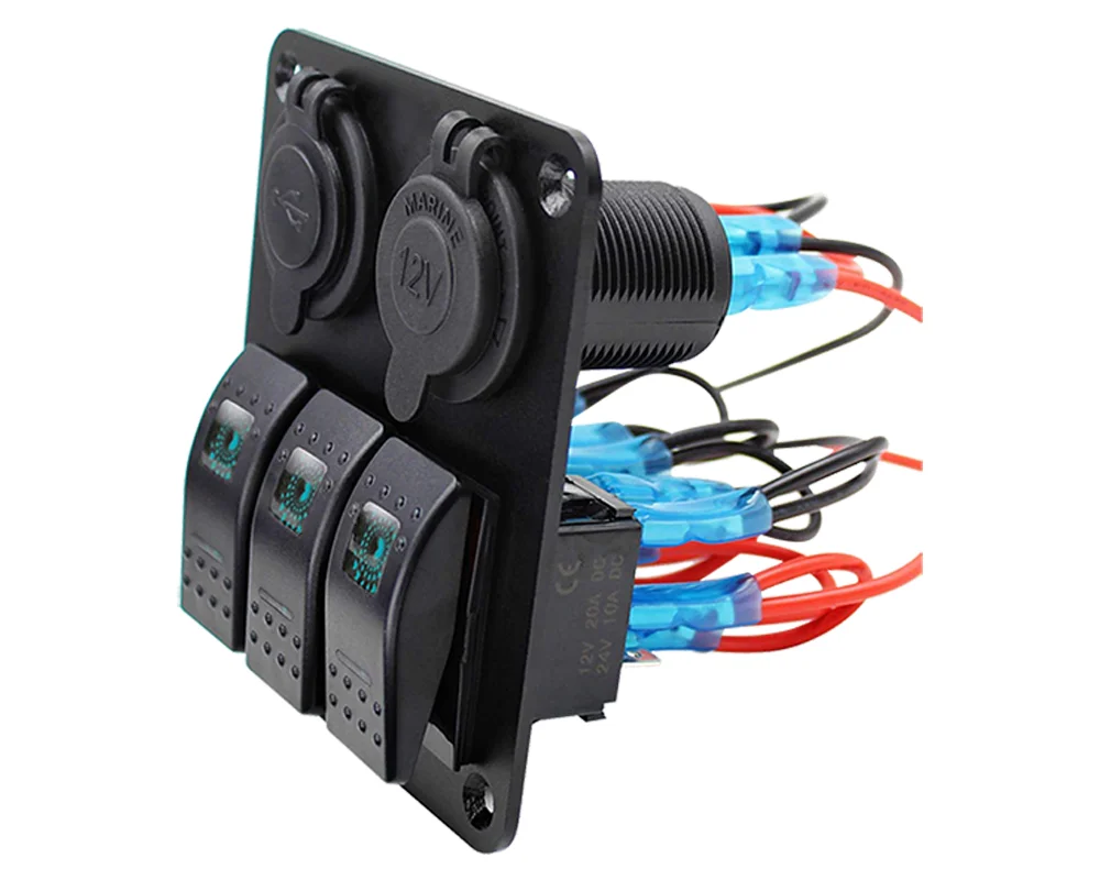 6-way Led Rocker Switch Panel  Rocker Switch Panel 12v USB Charging Socket + 3 Gang Marine Backlight Rocker Switch Panel