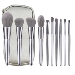 10 pcs high quality silver wood handle makeup brushes synthetic bristle private label makeup brush set kit  with pouch