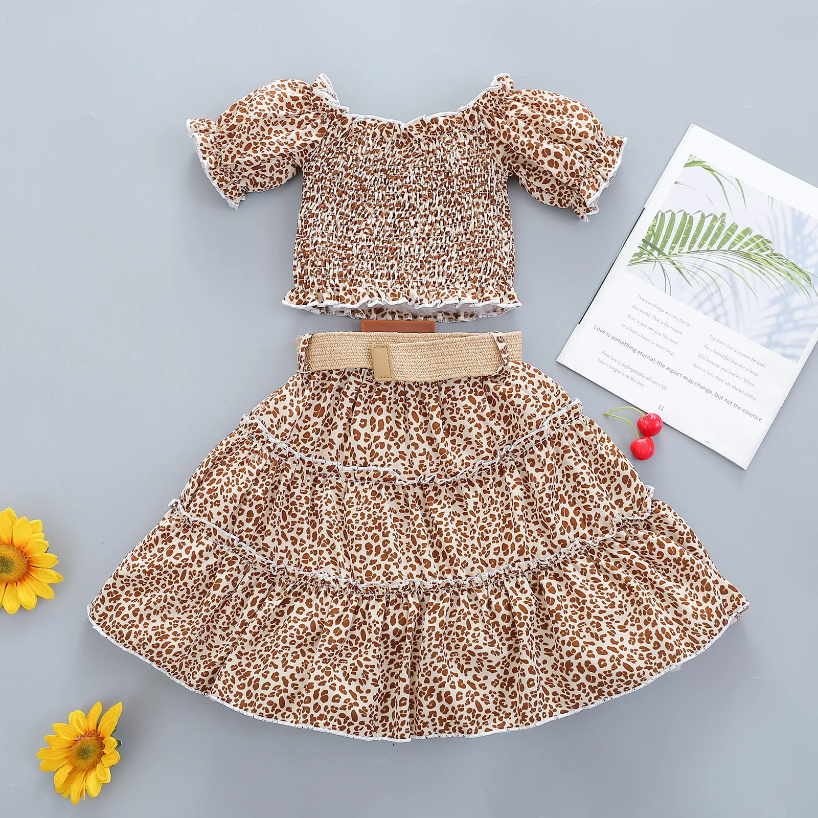 
5228 Kids Girls Clothing Summer Short sleeve Ruffle Floral Print T-shirt Print Skirt Dress Children Baby Clothes Outfits Set 