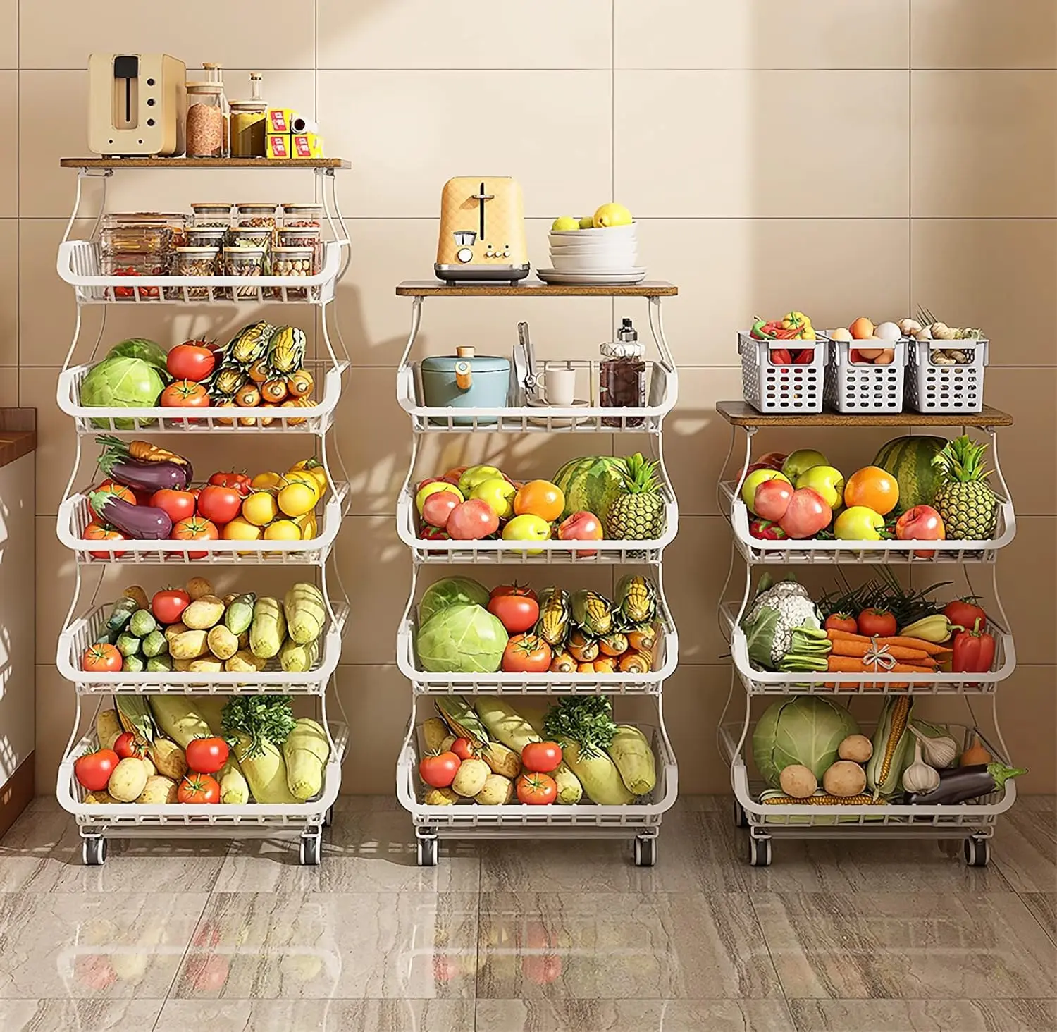Fruit Vegetable Storage Basket,5 Tier Stackable Wire Storage Baskets with Wheels,Produce Basket Organizer Bins for Kitchen