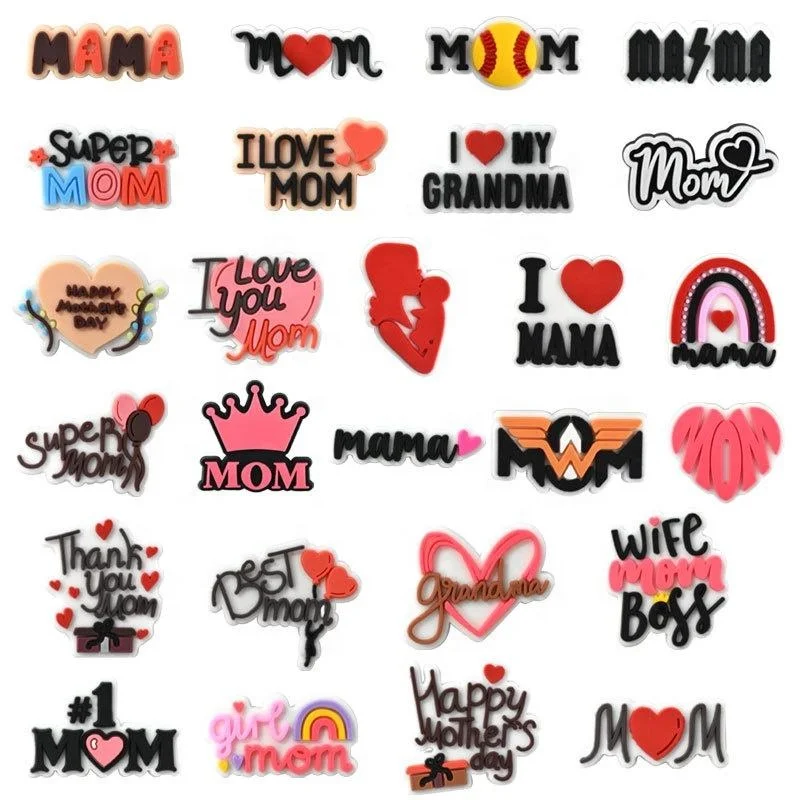 Wholesale Custom PVC Slippers Charms Mama Mothers Day Red Shoe Charms Shoes Decoration For Women Shoe Accessories Charms