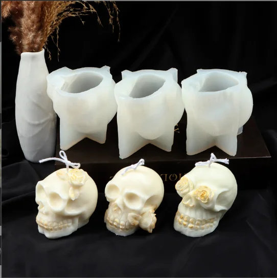 12806 DIY Resin Halloween Silicone Candle Mold Skull with Flowers Candle Mold