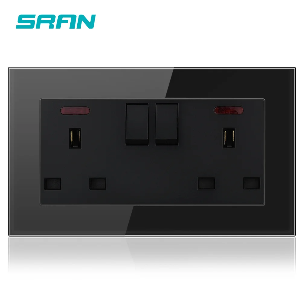 Tempered glass double UK 13A electric wall LED switch socket