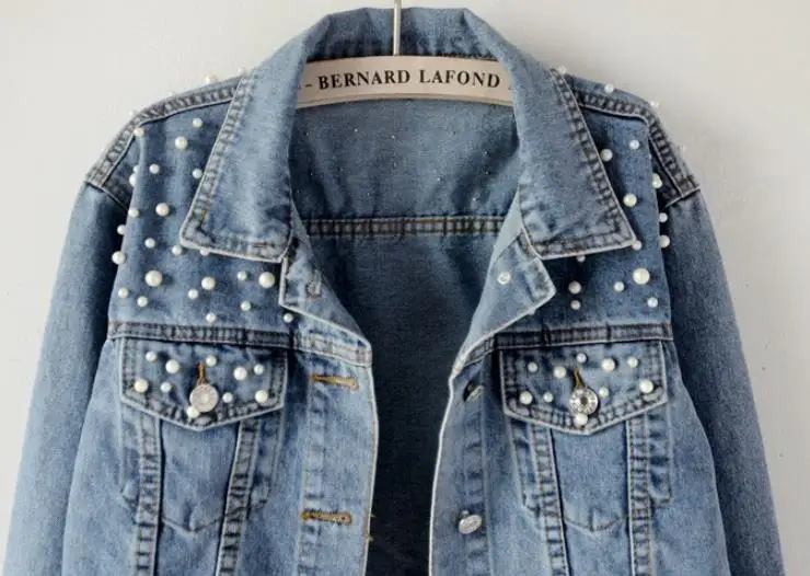 
Pearl Beading Short Denim Jackets Women Long Sleeve Vintage Casual Jean Jacket Denim Coat 