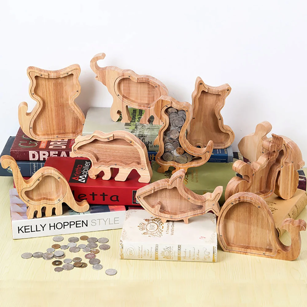 Домашний декор, Персонализированная Коробка для монет в форме животного для детей, прозрачная крышка, деревянная копилка, копилка, копилки