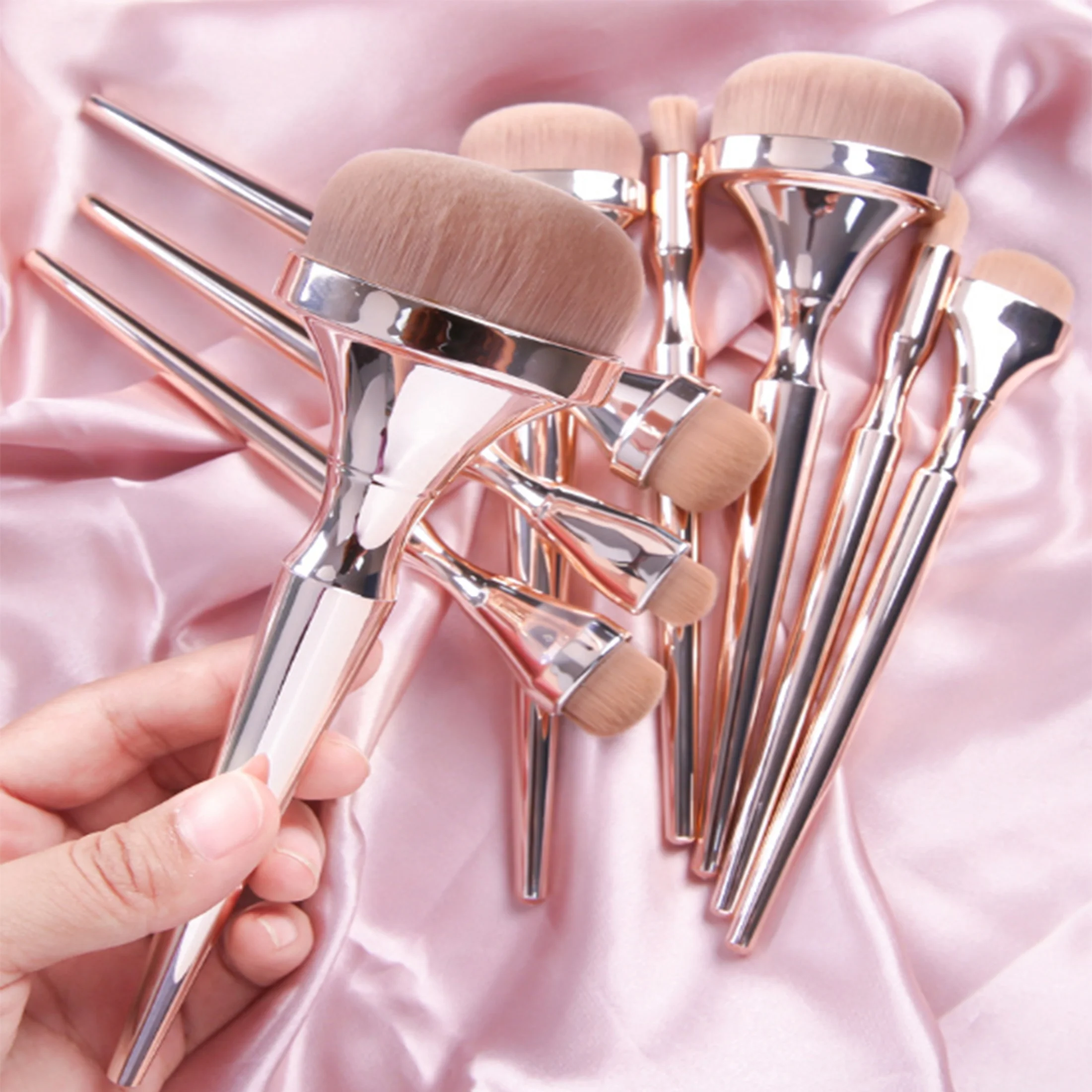 Luxury Travel Custom Logo Blush Foundation 9pcs Makeup Brushes Set Rose Gold Eye Shadow Trade Assurance Opp Bag or Case or Box