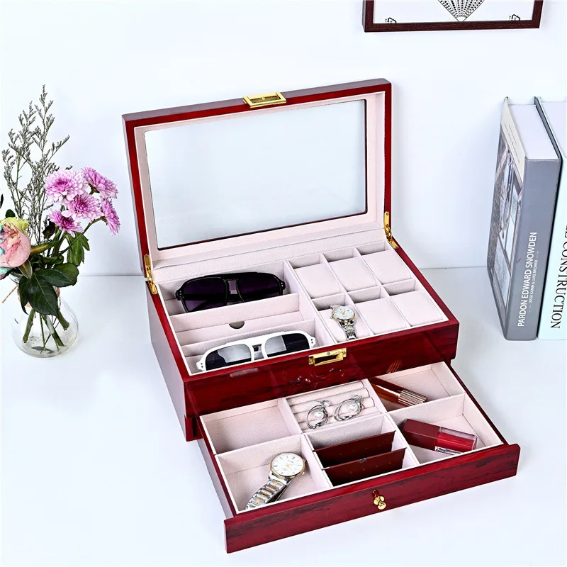 Luxury 2 4 6 8 10 20 Slot Double Layer Wooden Lacquer  Multi Watch Storage Box Eye Glasses Organizer Case With Pillow  High End