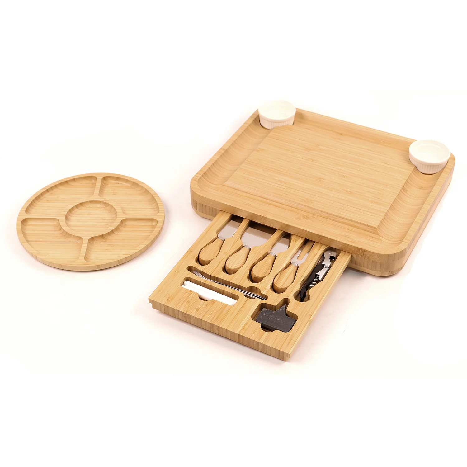 Bamboo Cheese Board Set With Drawer Meat Charcuterie Platter Cutlery Set High Quality Charcuterie Board With 4 Cheese Knives