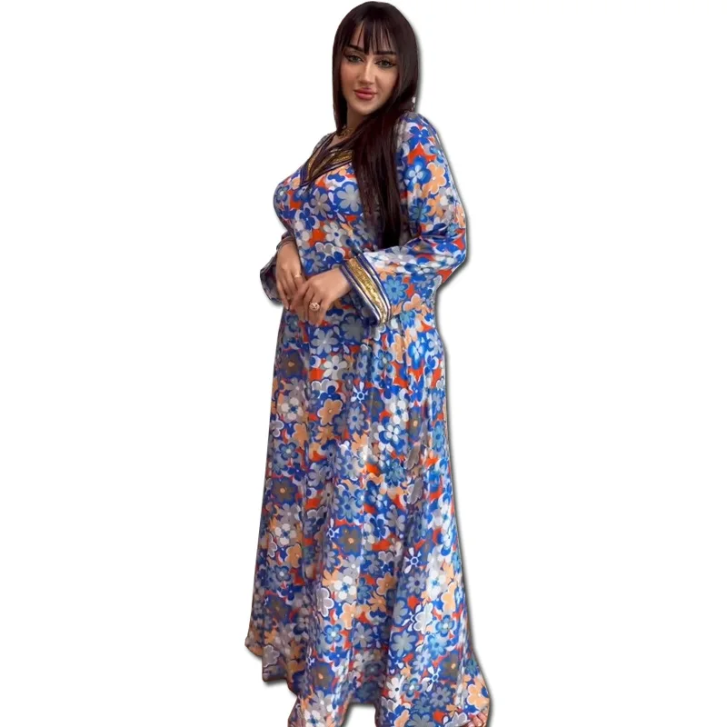 Wholesale Clothing Long Sleeve Beach Bohemian Elegant Floral Printing Jalabiya Evening Dresses