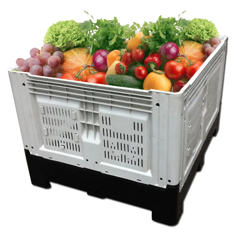 heavy duty large hdpe mesh vented vegetable and fruits storage foldable collapsible fruit plastic pallet bins with lid
