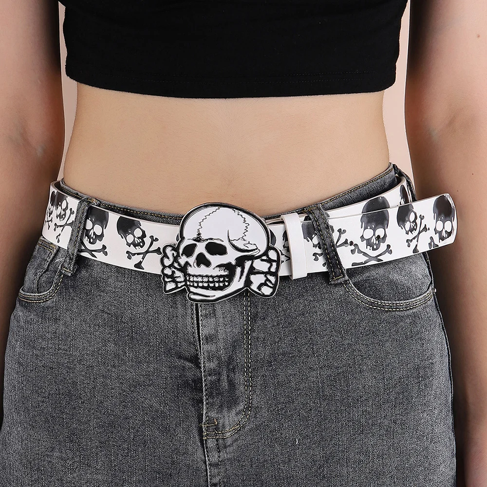 Fashion skull retro everything with printed ethnic style sexy PU belt