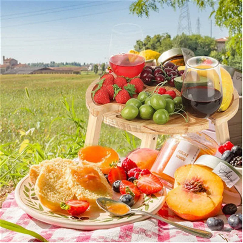 Outdoor Large Folding Bamboo Snack Cheese Tray Portable Wine Picnic Table
