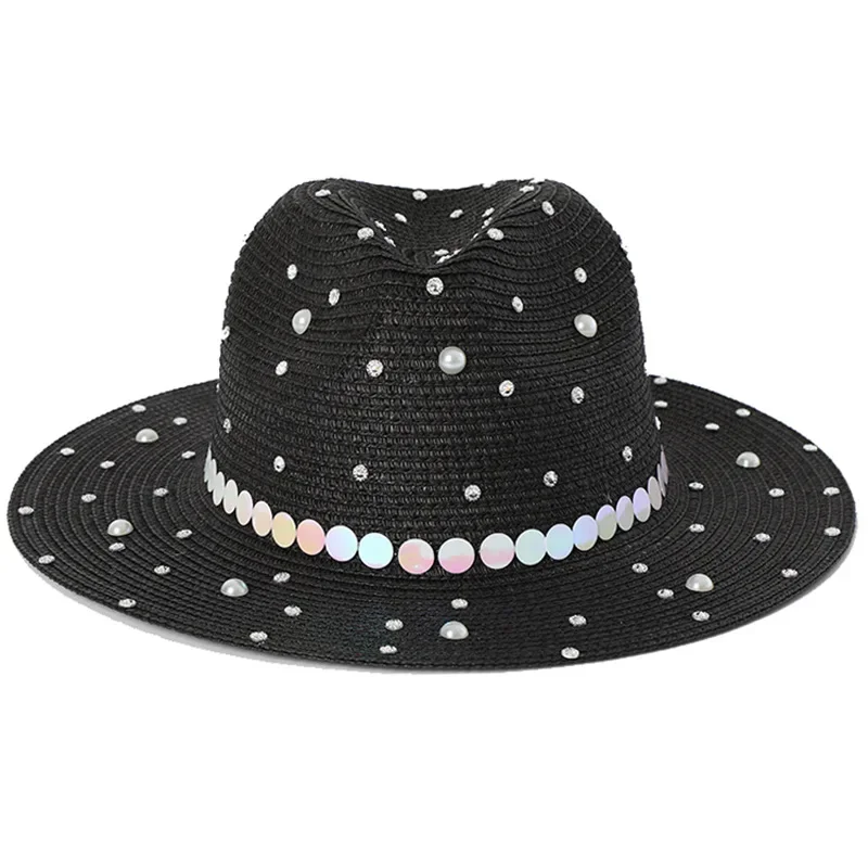 HT-320 Bling Bling Diamond Bucket Straw Hat Outdoor Yravel Fashion Women Straw Fishing Hat For Adults