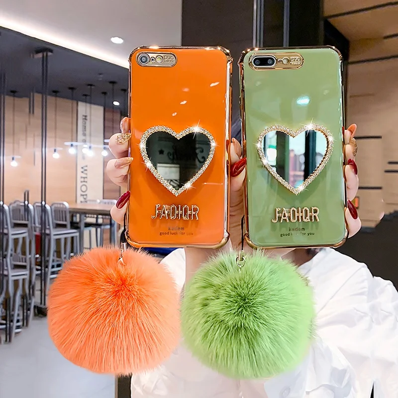 
Luxury Bling Hear Makeup mirror Green Silicone Soft Phone Case for iPhone 11 phone case with Hairbal 
