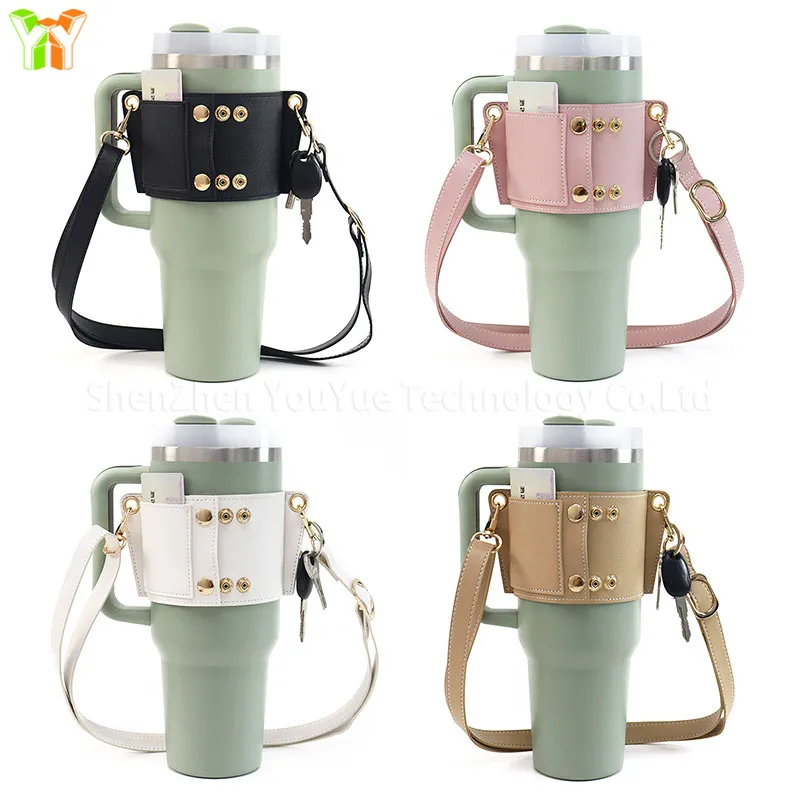 YY RTS leather Tote Water Bottle Holder with Handle  Cup Accessories Adjustable Strap Credit Card Holder