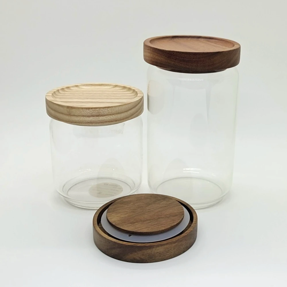 Kitchen Clear High Borosilicate Glass Jars With Eco-friendly Custom Wood Lids For Storage Of Tea Food Salt And Sugar