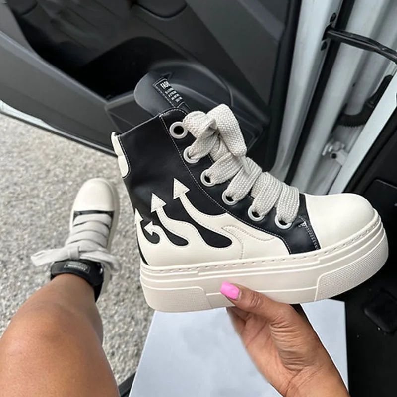 IDOIT Latest Flame Boots Lace-up PU Platform Shoes High Top Chunky Sneakers Boots Women Shoes